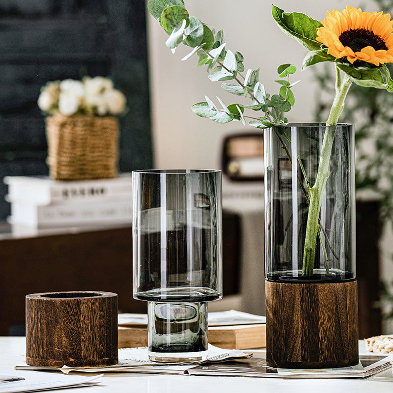 Vaso in Vetro Scandinavo con Base in Legno – Composizione Floreale Acquatica