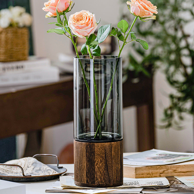Vaso in Vetro Scandinavo con Base in Legno – Composizione Floreale Acquatica