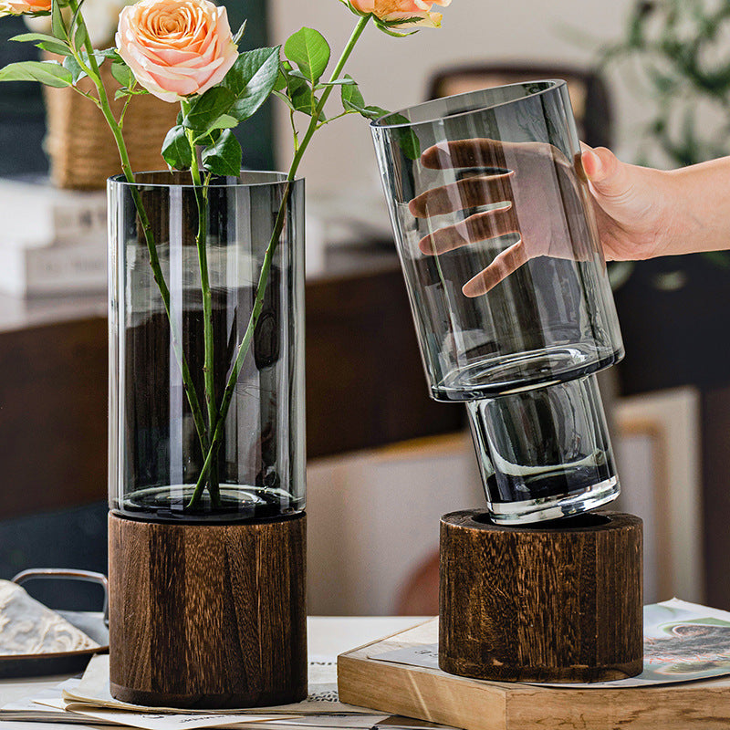 Vaso in Vetro Scandinavo con Base in Legno – Composizione Floreale Acquatica