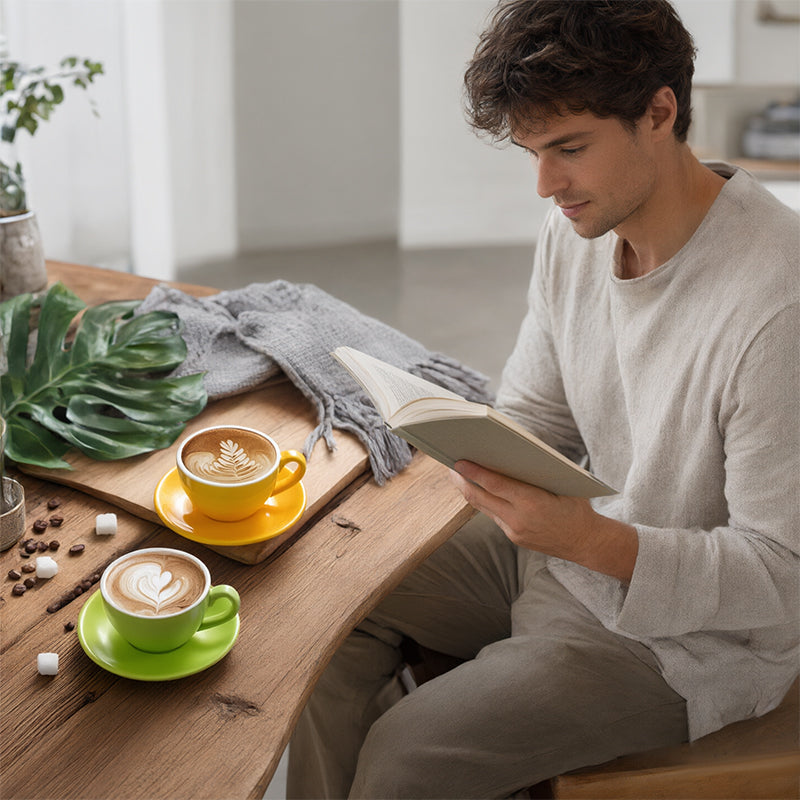 Nordic Minimalist Ceramic Coffee Cup Set – 300ml White Rim Latte Art Mugs for Breakfast, Home & Office