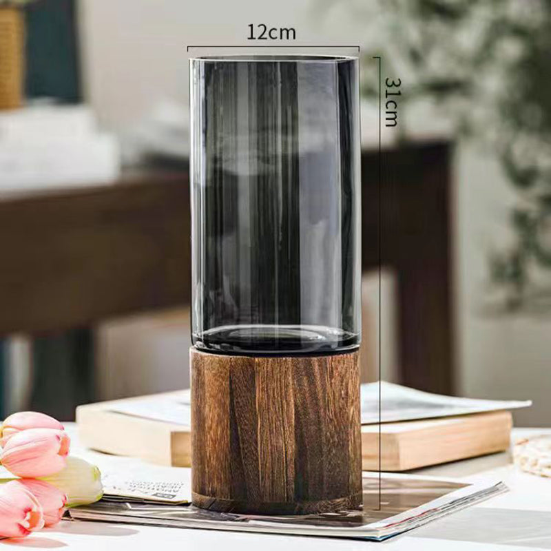 Vaso in Vetro Scandinavo con Base in Legno – Composizione Floreale Acquatica