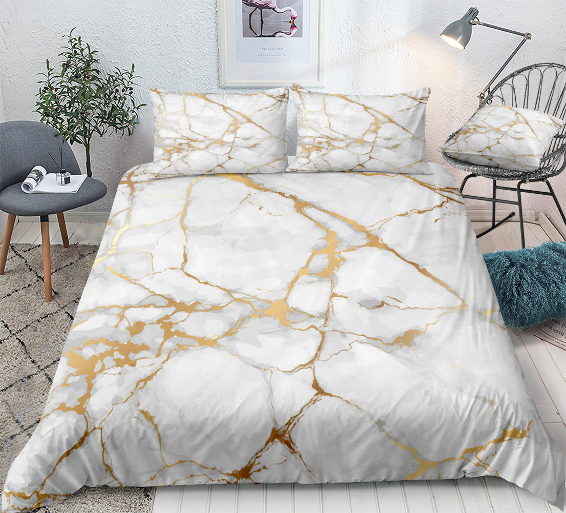Copripiumino Effetto Marmo Bianco e Oro – Set Letto 3 Pezzi Luxury
