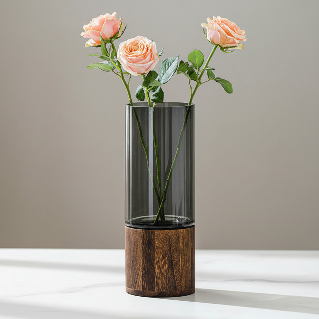 Vaso Vetro Fumé con Base in Legno